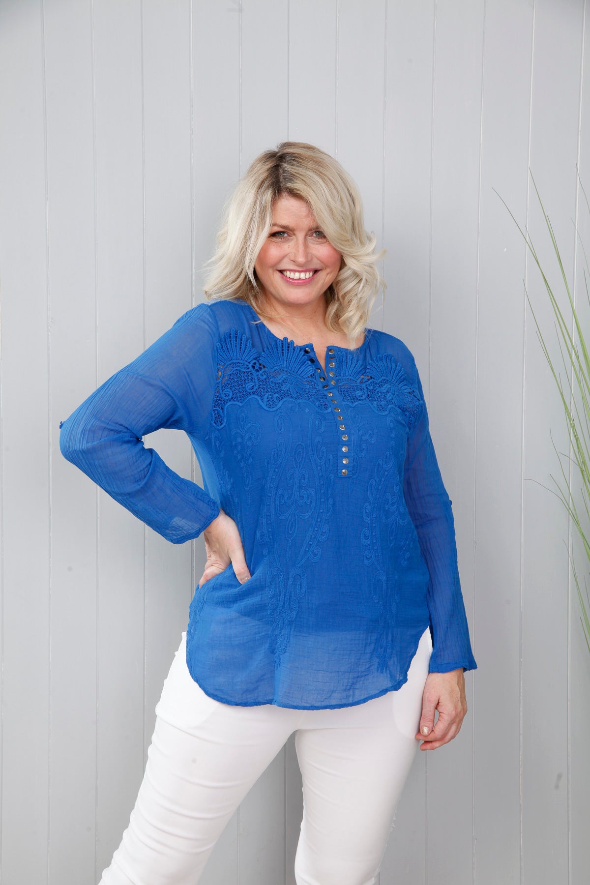 Embroidered Sequin Cotton Top Royal Blue