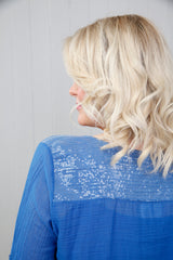 Embroidered Sequin Cotton Top Royal Blue