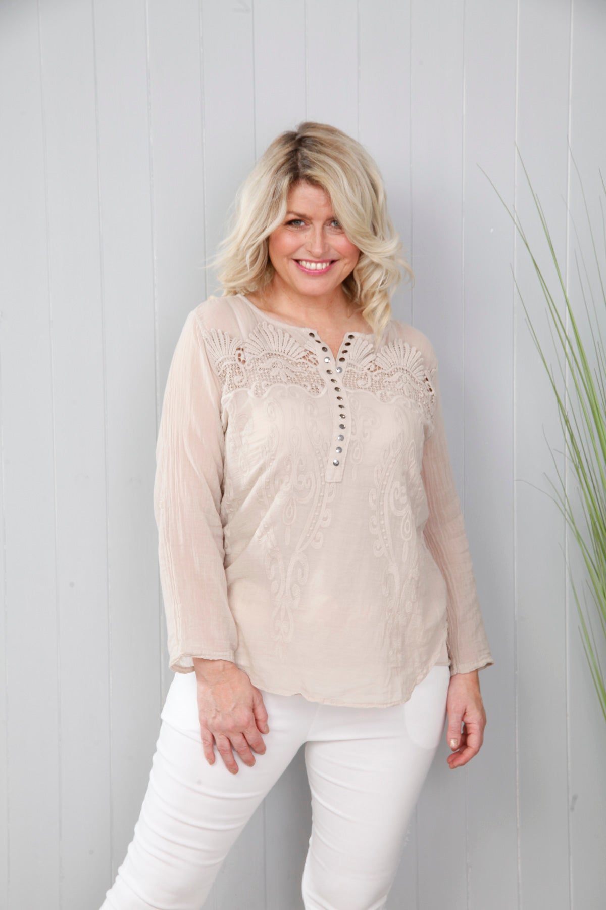 Embroidered Sequin Cotton Top Stone