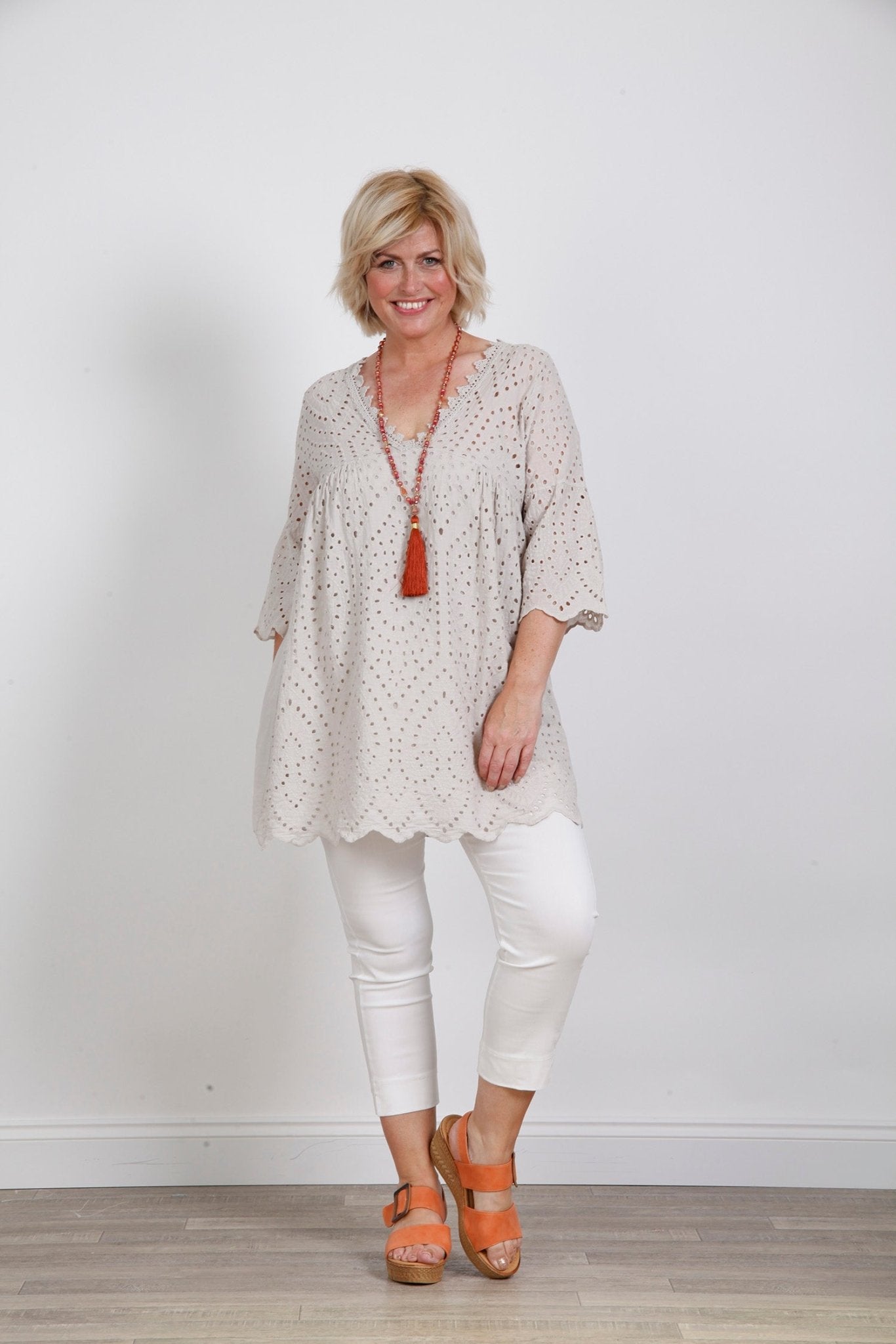 Beige Joanna Scalloped Trim Tunic - bestacaiberryselect