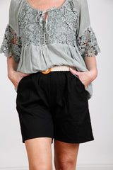 Black Cotton Belted Shorts - bestacaiberryselect