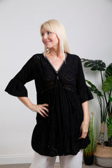 Broderie Tassel Tie Tunic Black - bestacaiberryselect