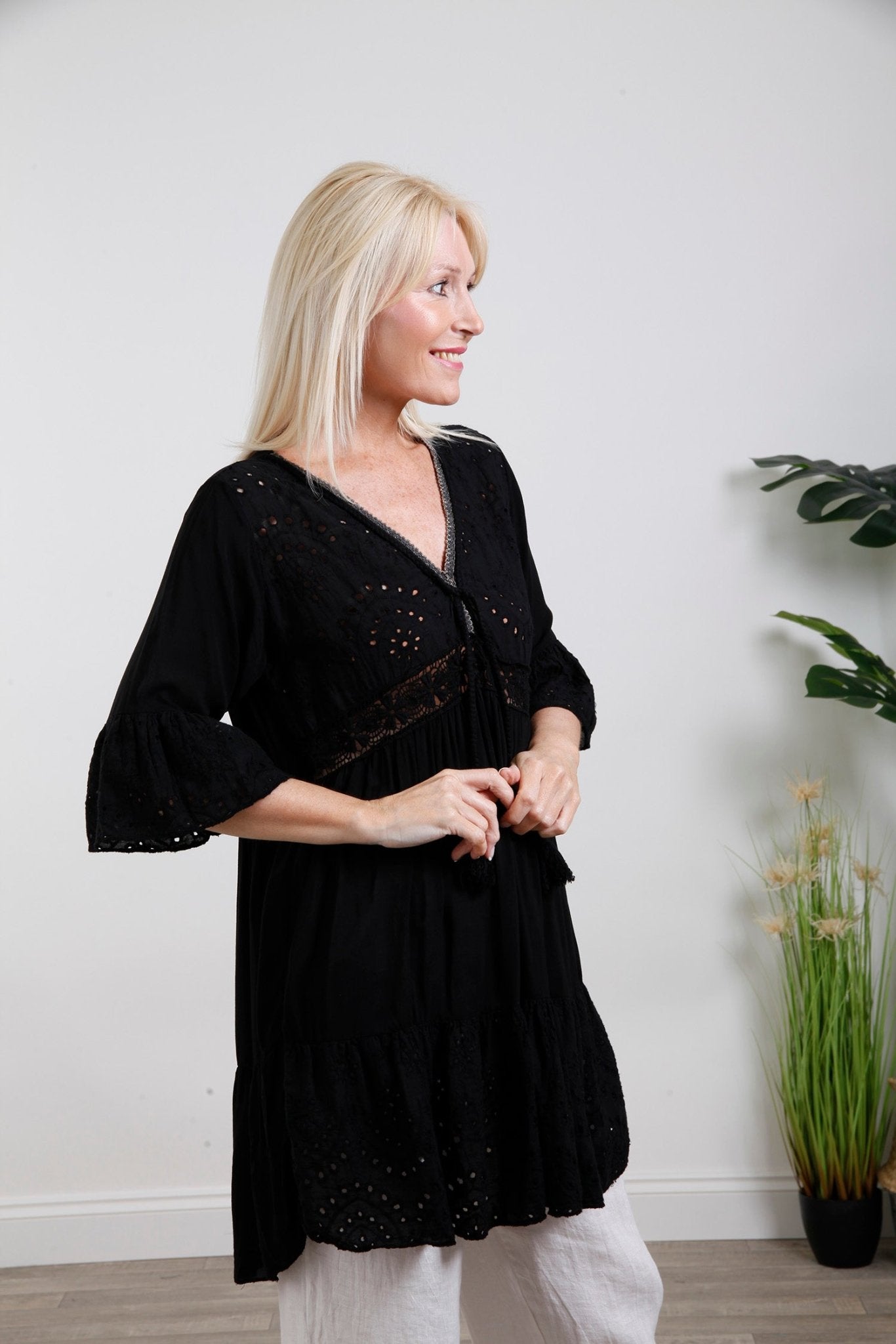 Broderie Tassel Tie Tunic Black - bestacaiberryselect