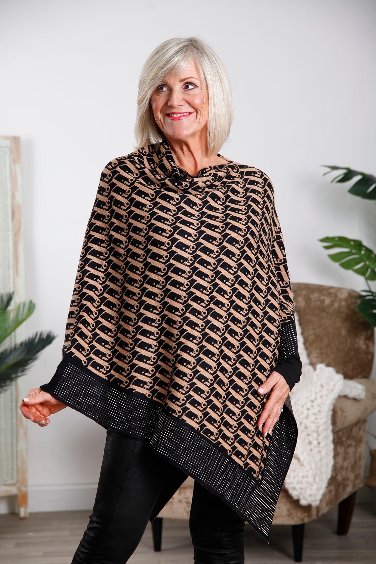 Camel Davina Diamante Edge Poncho - bestacaiberryselect