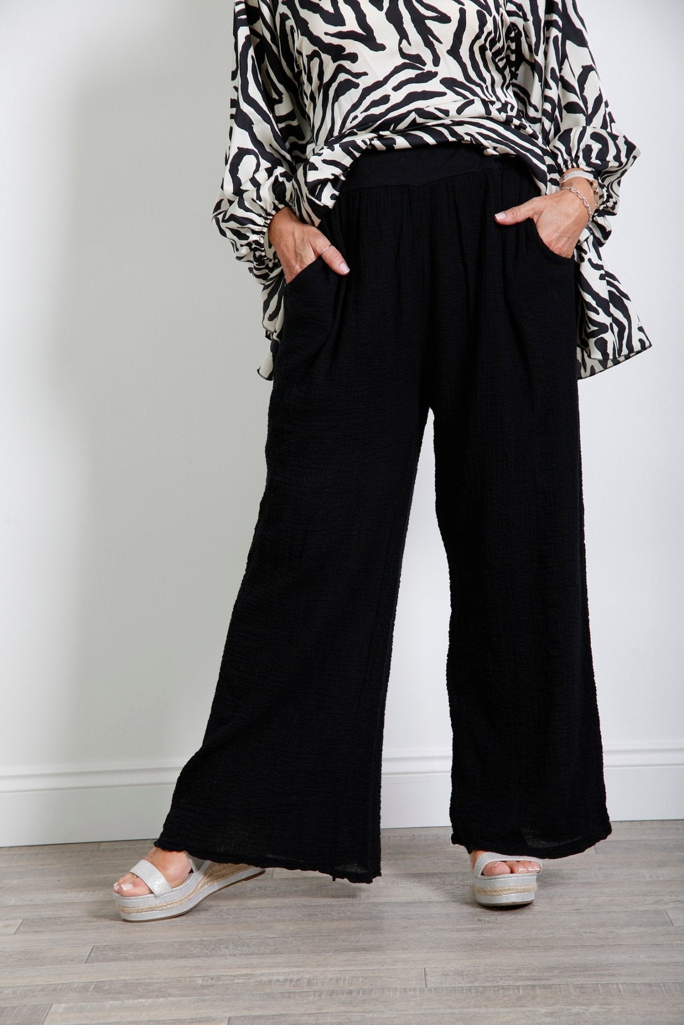 Crinkle Cotton Palazzo Trouser Black - bestacaiberryselect