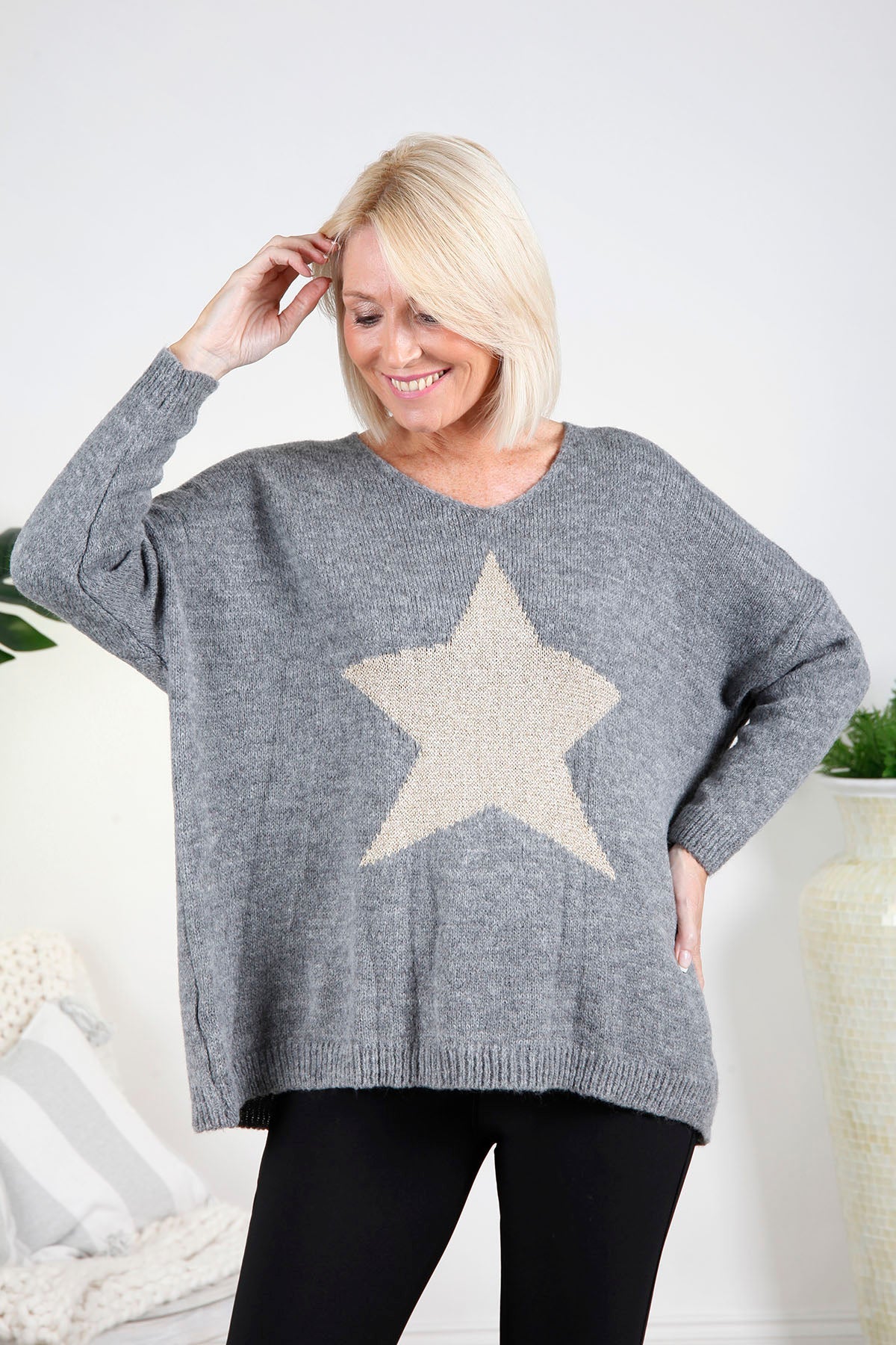 Grey V Neck Star Jumper - bestacaiberryselect