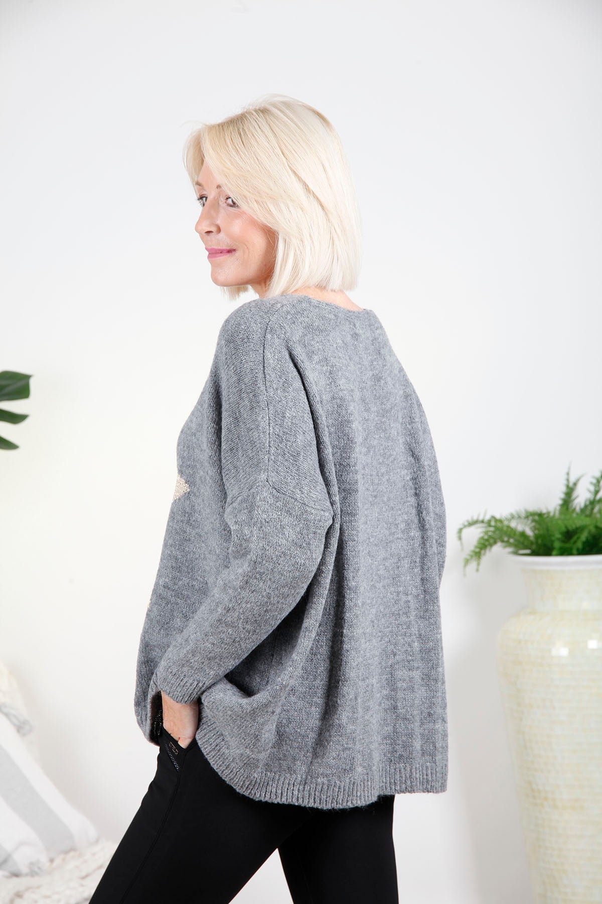 Grey V Neck Star Jumper - bestacaiberryselect