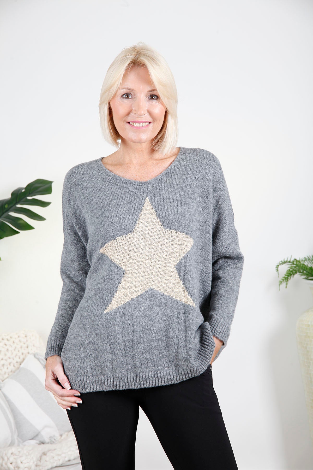 Grey V Neck Star Jumper - bestacaiberryselect