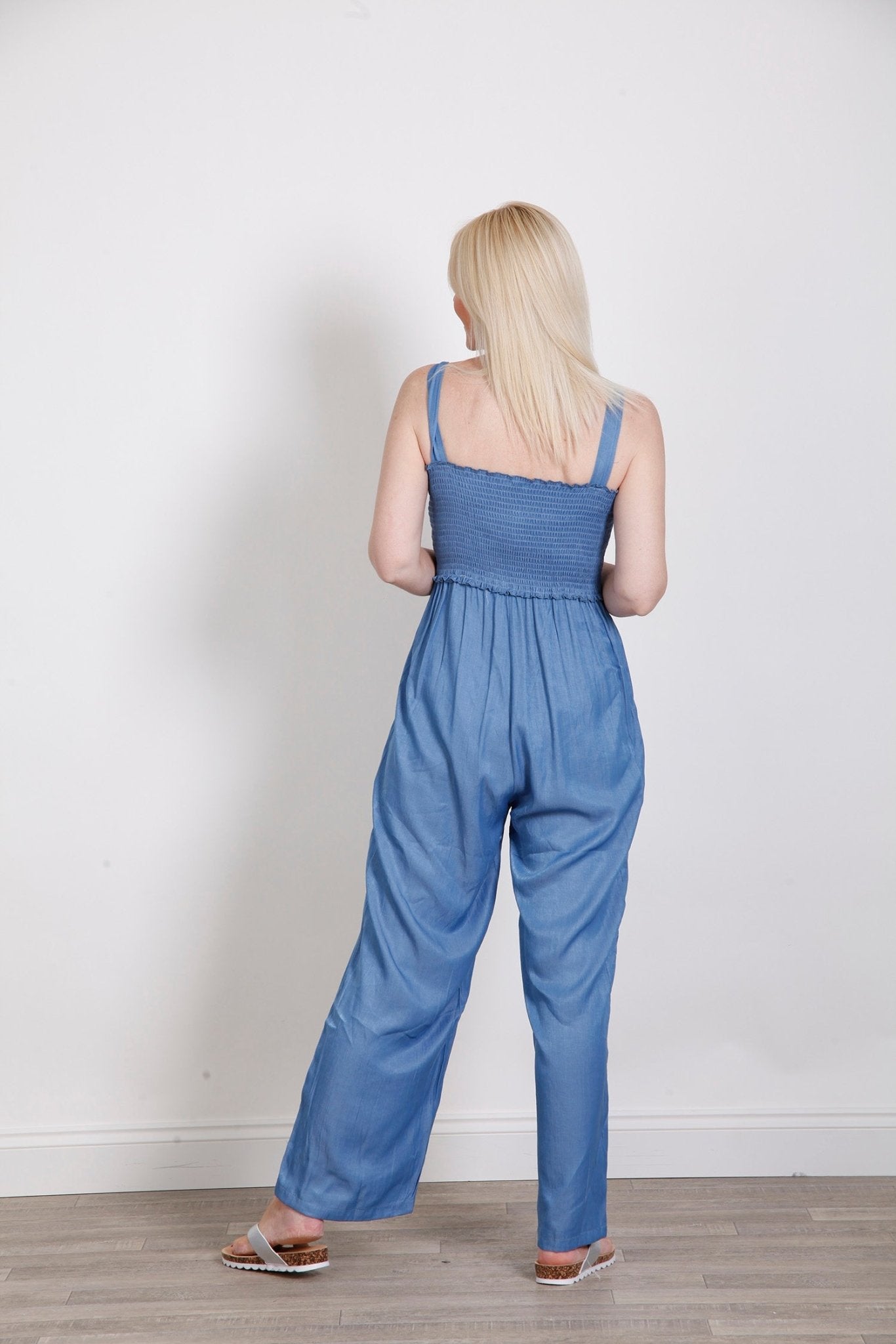 Light Denim Chambray Shirred Jumpsuit - bestacaiberryselect