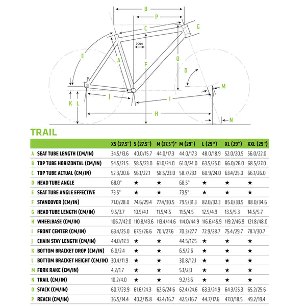 cannondale trail 7 size chart