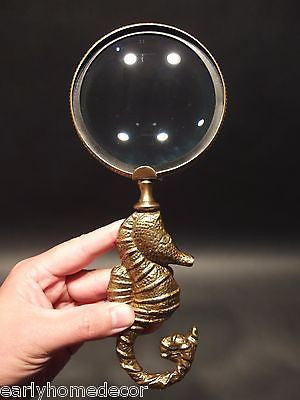 7" Antiqued Brass Seahorse Magnifying Glass Antique Vintage Style 