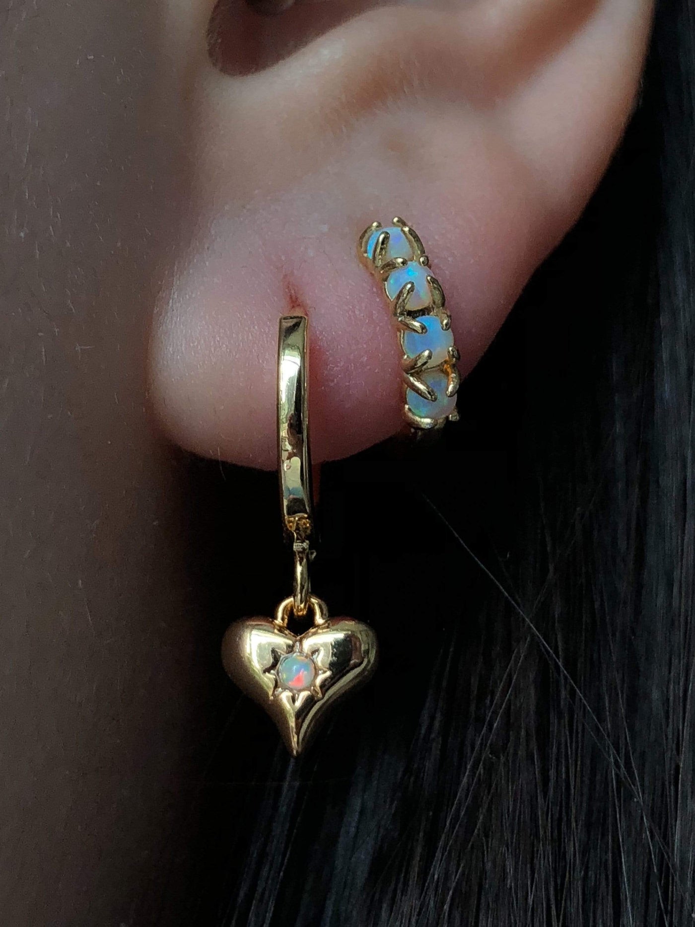 Opal heart ear huggies