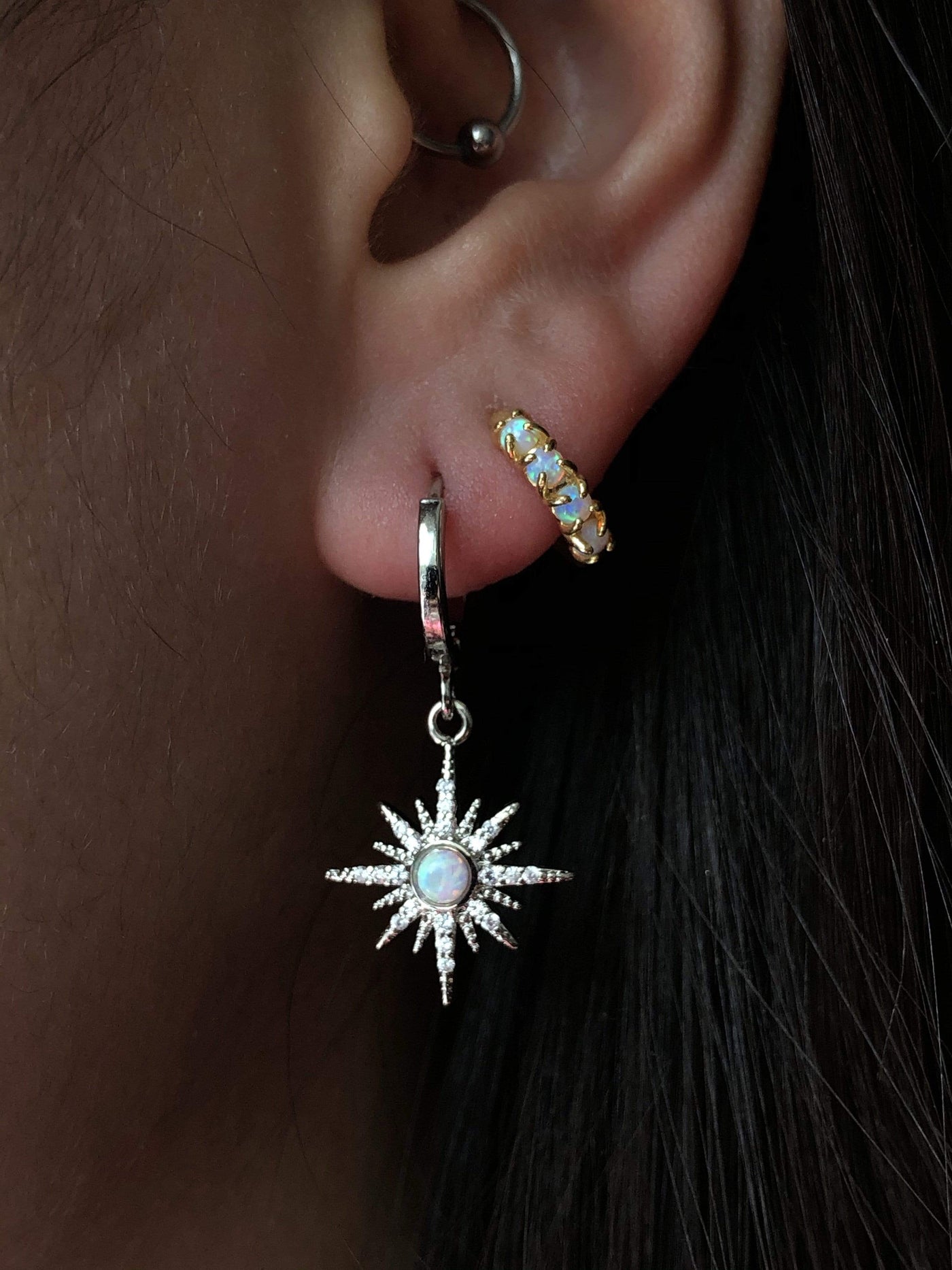 Silver opal star ear huggies