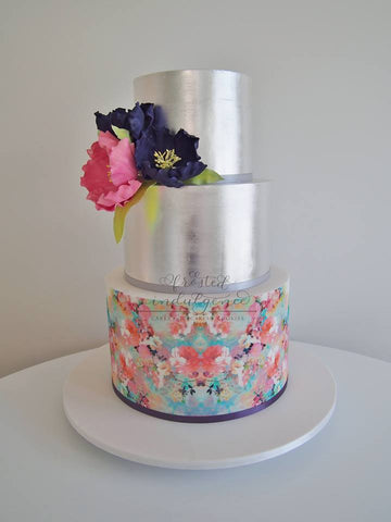 Frosted Indulgence Floral cake wrap with silver tier