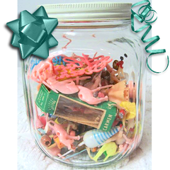 Jar of vintage plastic cake decorations