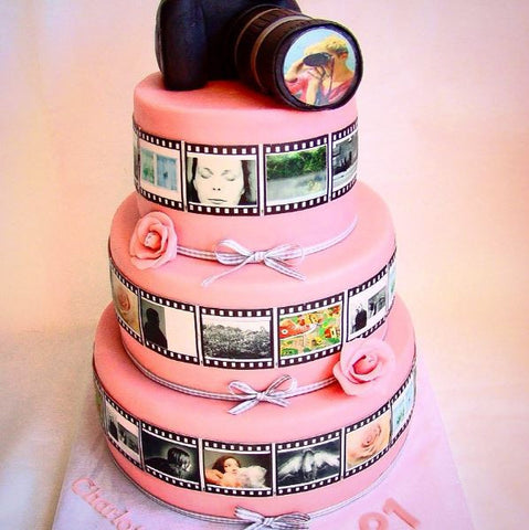 Pink camera roll edible cake wrap