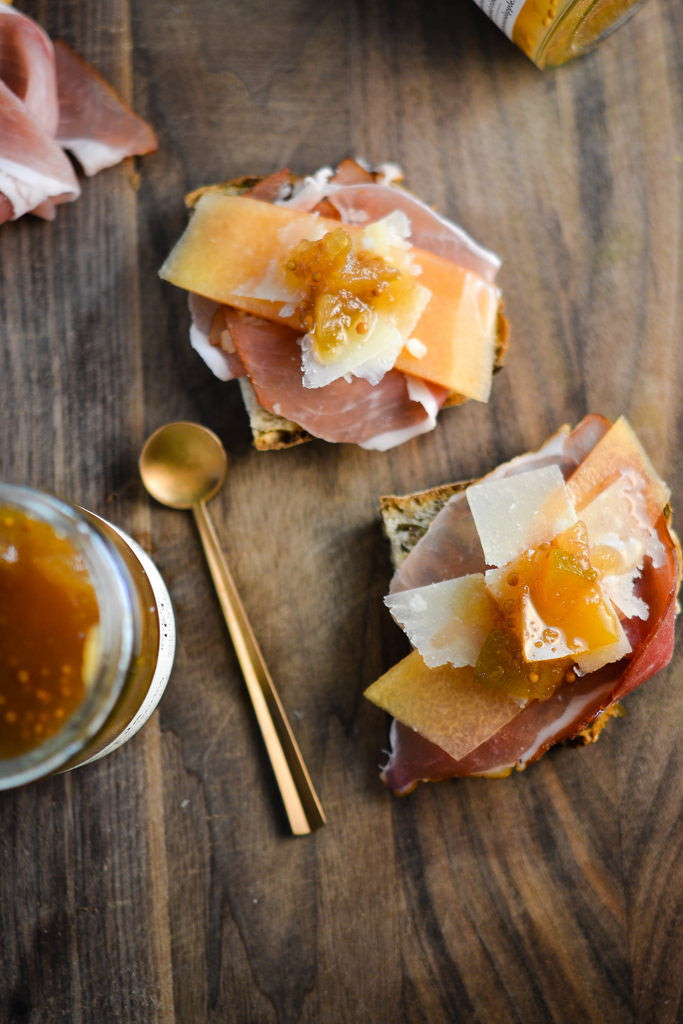 Prosciutto toasts with Pear Mostarda