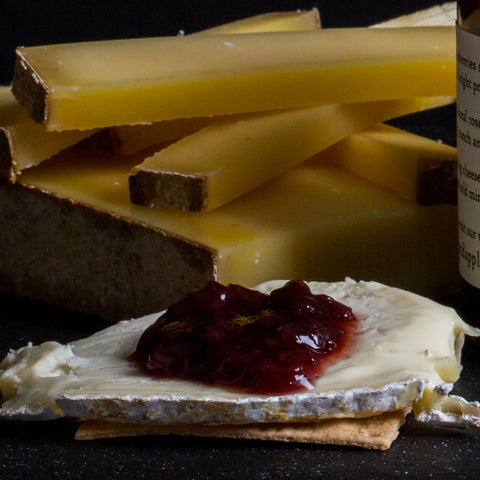 Our Raspberry Rose gourmet jam pairs perfectly with aged Alpine cheeses like Gruyere or Comte