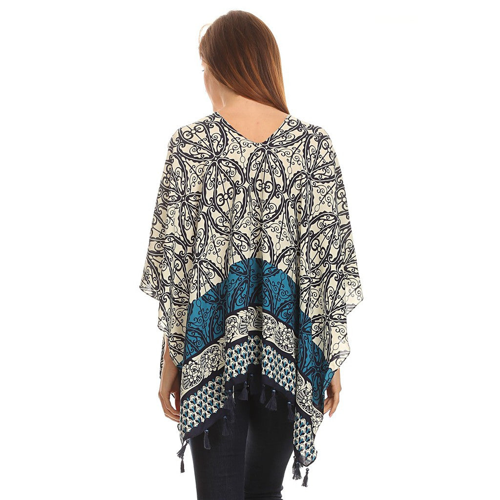 Womens Pullover Lightweight Poncho with Wooden Beaded Tassels - Maison du Roi - 4