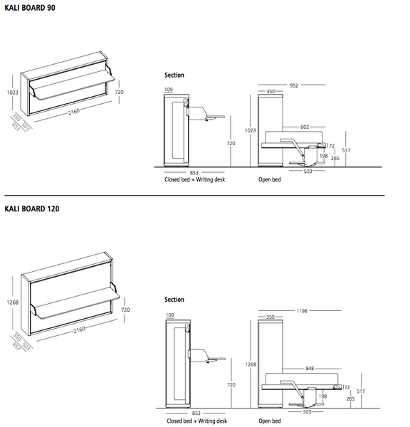 Kali 90 120 single wallbed with desk top mad in Italy by Clei