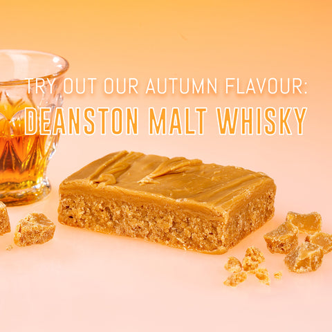 Try out our Autumn flavour: Deanston Malt Whisky. Deanston Malt Whisky in a glass with Ochil Fudge Award Winning 12 Year Old Deanston Malt Whisky Fudge.
