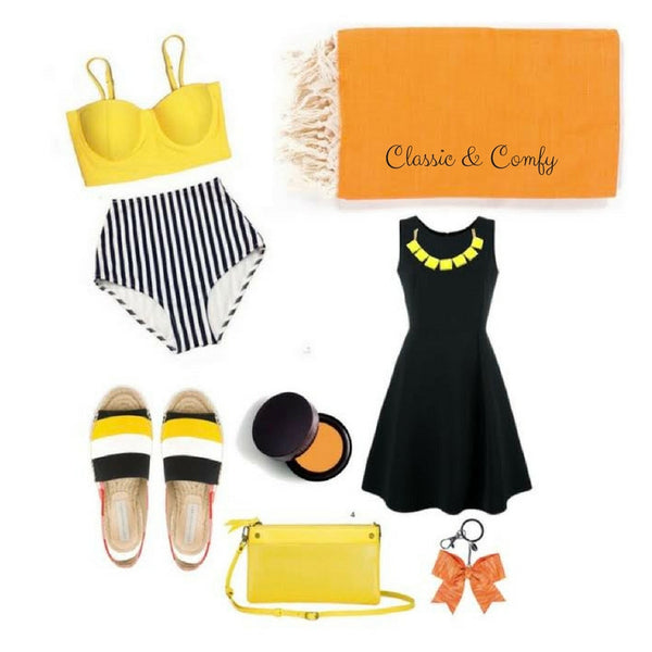 Perky and bright, but glam at night! Classic & Comfy hits the nail on the head, combining perennial joy-inducing yellow with pops of black, white and orange. You'll look so put together that once you pop that towel in your trunk and throw on the necklace and slides, nobody will even know you may still be a little sandy underneath!