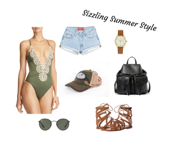 Sizzle in the sun in this gorgeous deep V-neck suit with lace edging, paired artfully with Beachmate's camouflage hat and a leather bag. Summer style at its hottest!