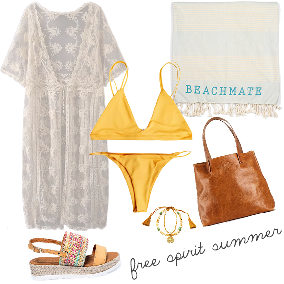 If boho chic is your style, this yellow two piece is the perfect base layer for this beach-to-boardwalk combination that is elevated by a free-spirited lace cover up, peep toe sandals, and a chunky necklace. Throw that Beachmate towel in your leather shoulder bag, and you're good to go grab an organic margarita with your gal pals!