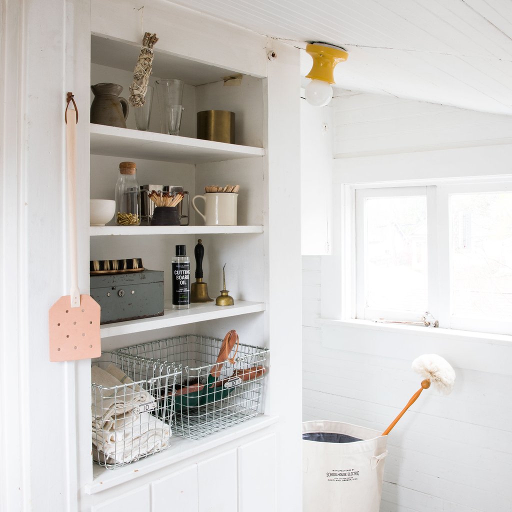 kitchen with shelves and utensils