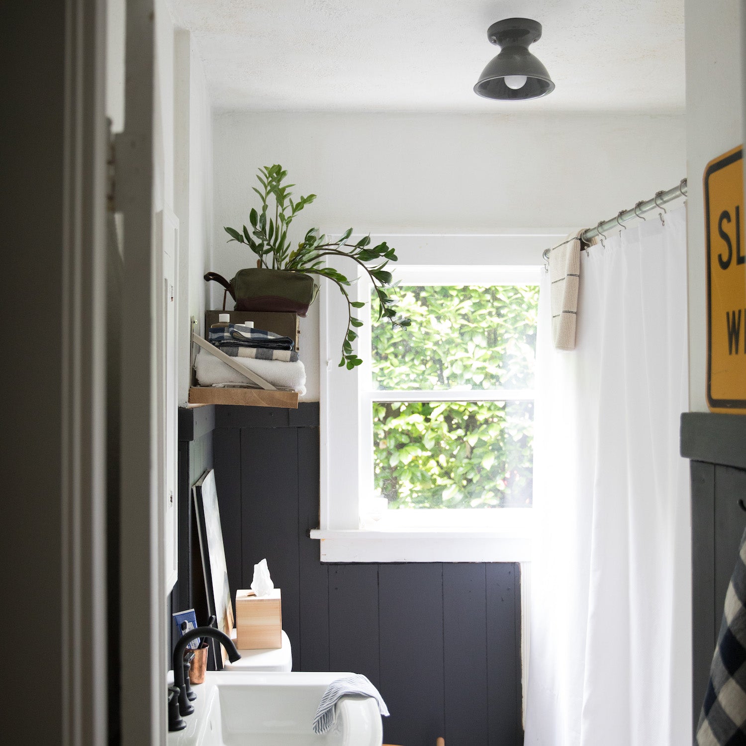 small bathroom with a plant on the shelf