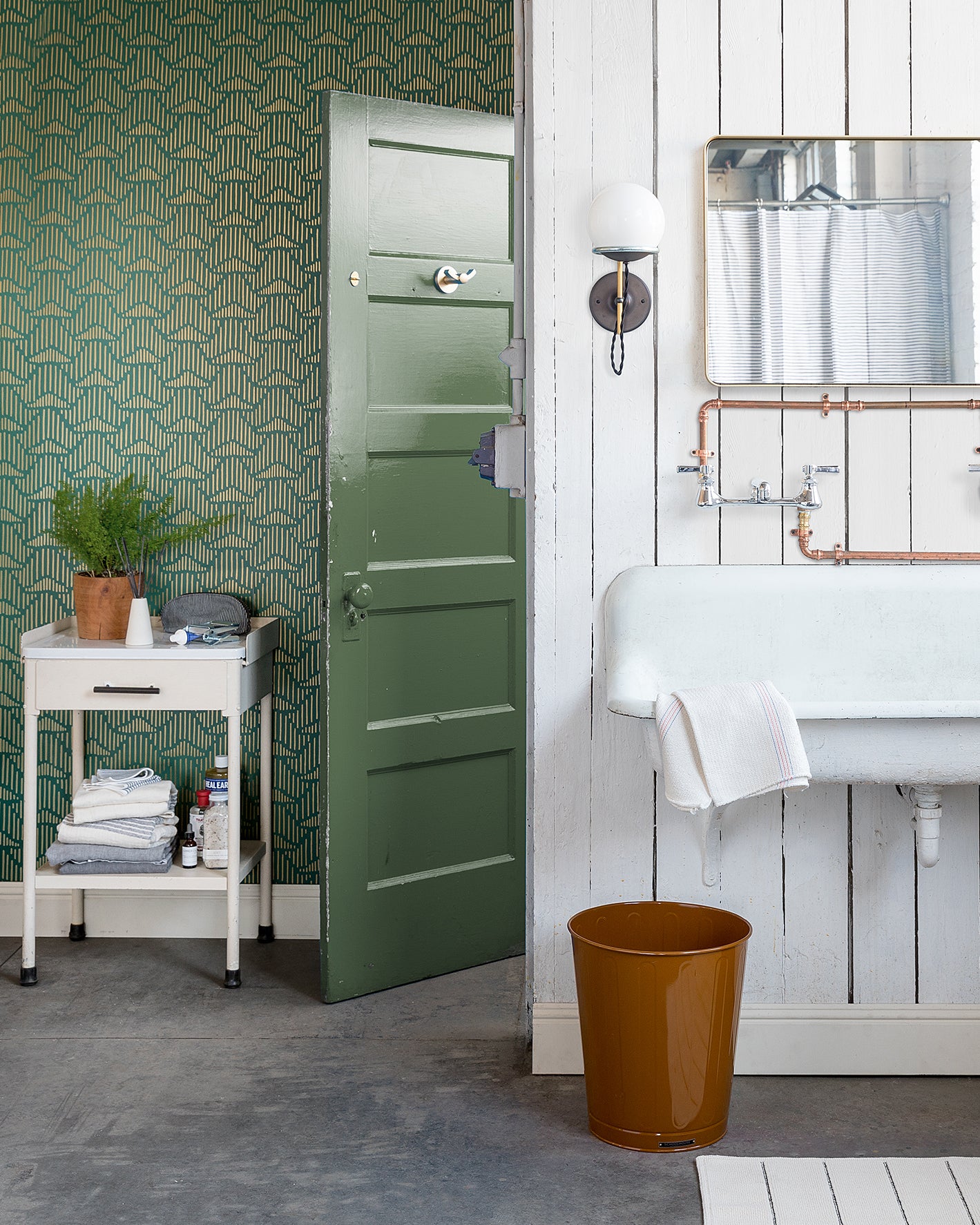 bathroom with a green door and a sink