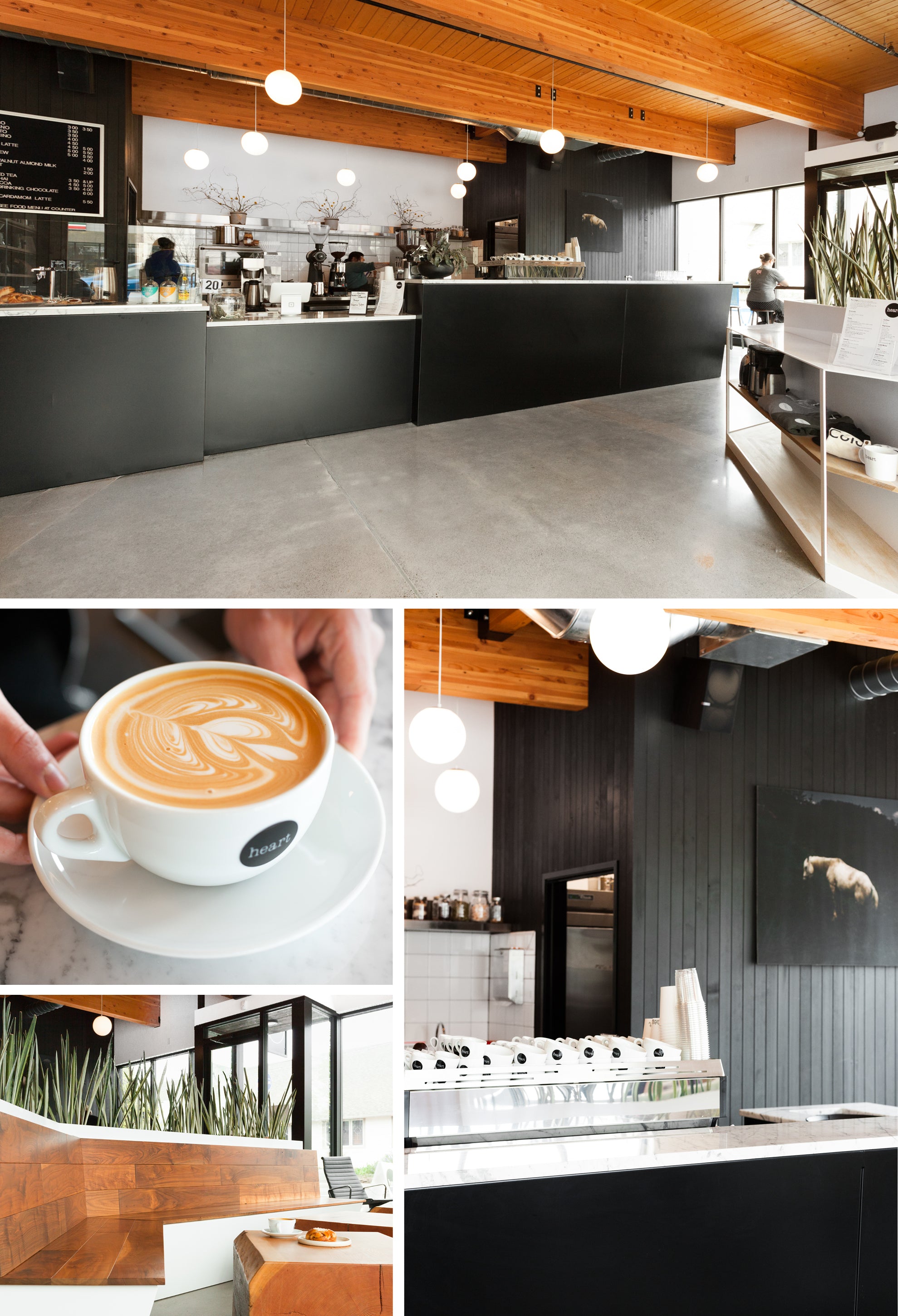 coffee cup on a counter and coffee shop with black walls
