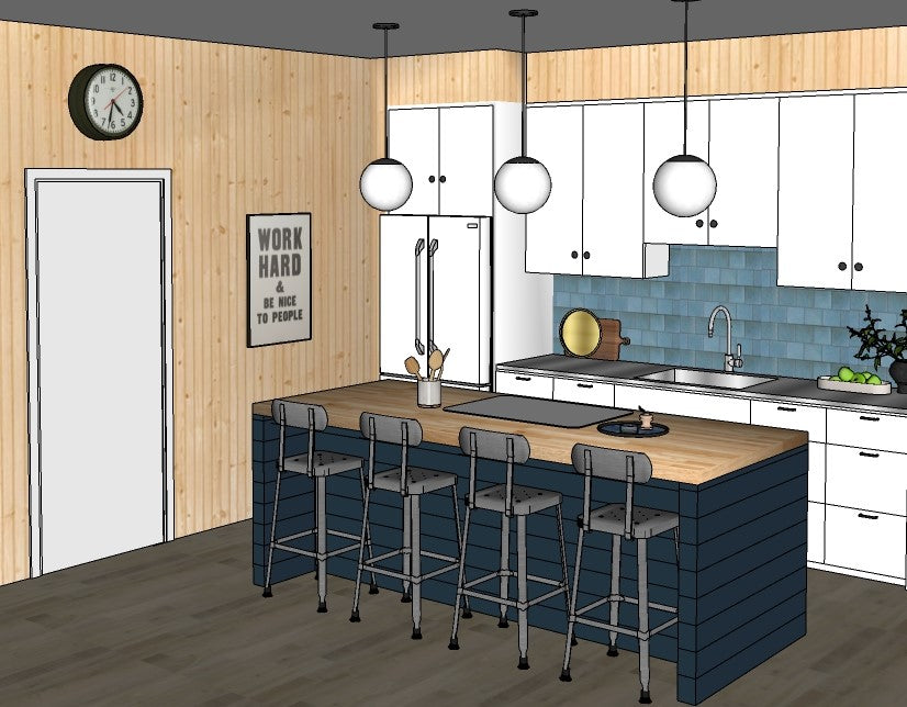 illustration of kitchen with bar stools