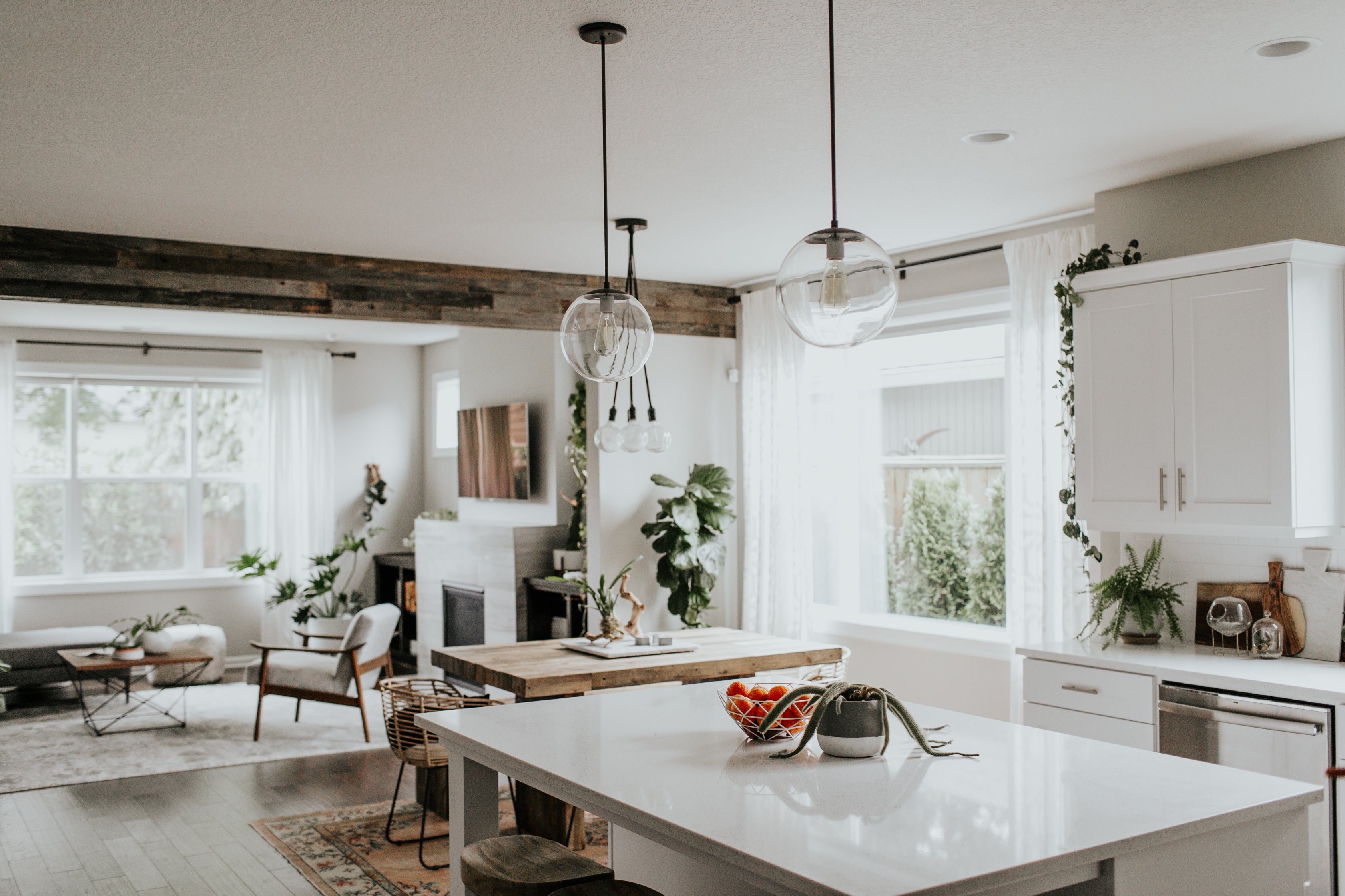 kitchen with white cabinets and plants