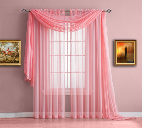 Rose Pink Sheer Window Curtains with Valance Scarf for Girls Room