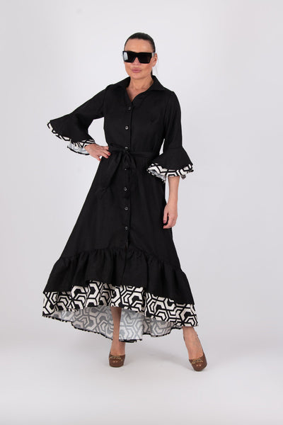 Black Linen Flounces Dress SALEM - EUG FASHION