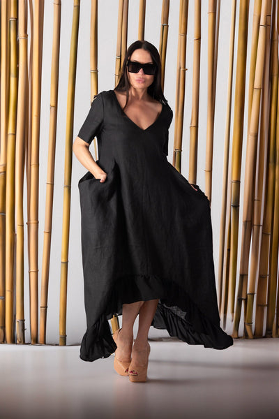 Black Wide Linen Dress INDIA - EUG FASHION