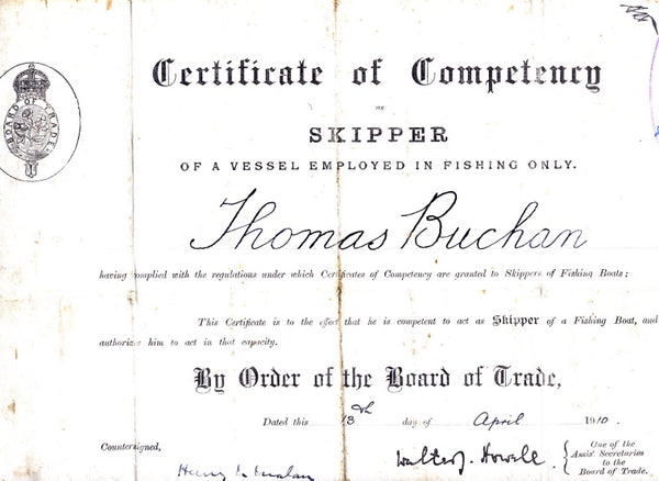 Skipper Certificate of Competency for Thomas Buchan