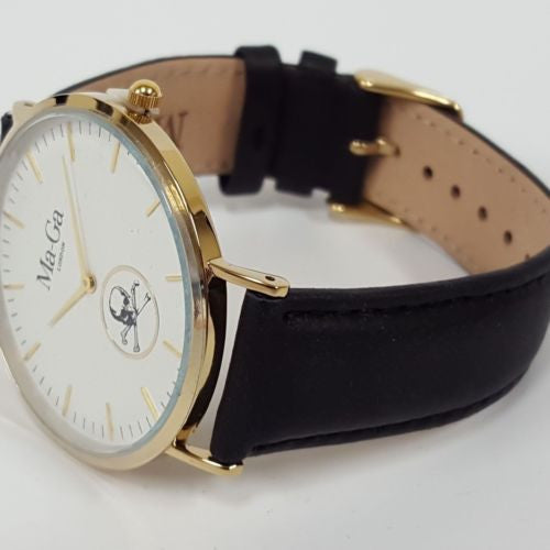 MA-GA London Mens Skull Motif Designer Leather Watch Black Leather Strap WB6