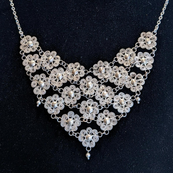 Antique Silver Filigree Flower Bib Necklace