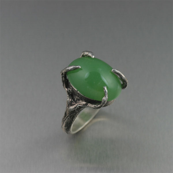 Sterling Silver Tree Branch Ring with Chrysoprase Cabochon