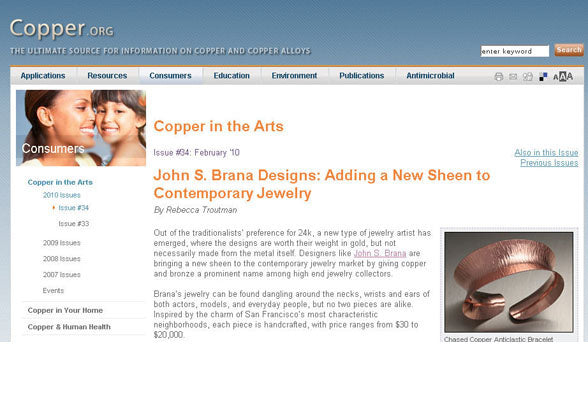 Copper.org features Handmade Copper Jewelry by John S. Brana