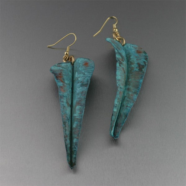 Fold Formed Blue Patinated Leaf Earrings