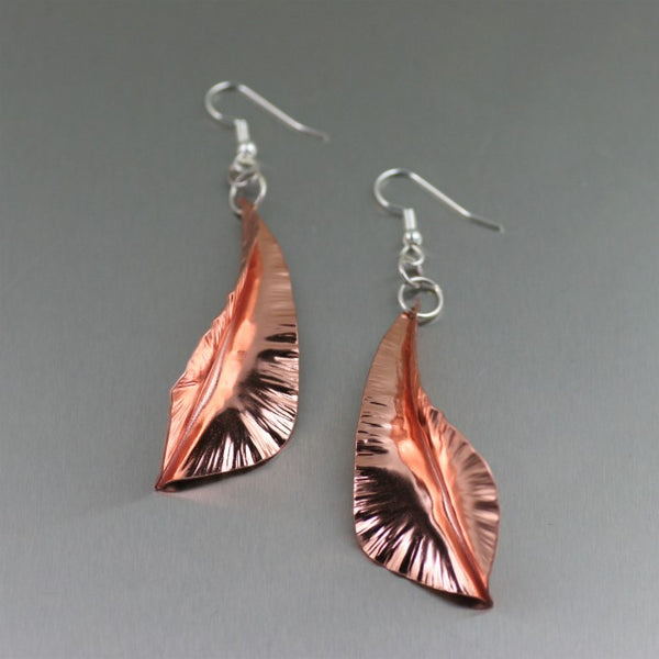 Fold Formed Copper Leaf Dange Earrings – Front View 2