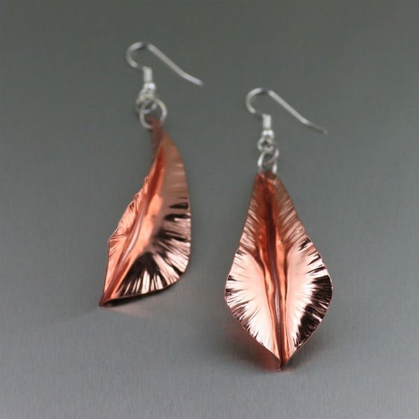 Fold Formed Copper Leaf Dange Earrings – Front View