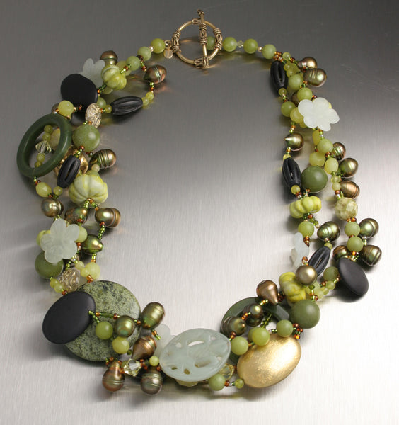 Jade and Onyx Beaded Gemstone Necklace by John S Brana