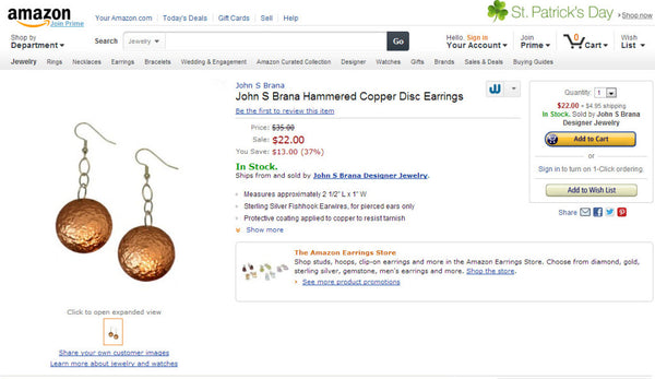 John S Brana Hammered Copper Disc Earrings