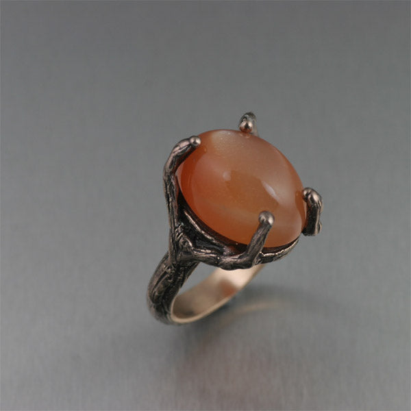 Bronze Tree Branch Ring with Peach Moonstone
