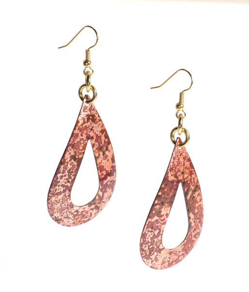 Red Patinated Copper Open Tear Drop Handcrafted Earrings