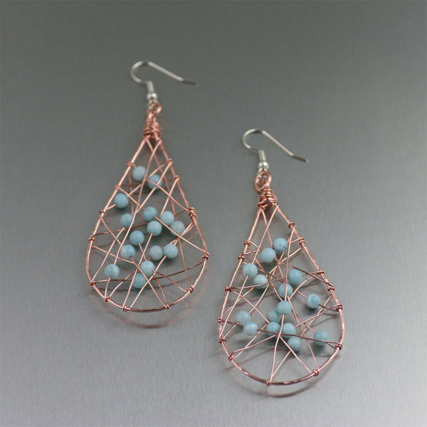 Copper Wire Wrapped Tear Drop Earrings with Amazonite